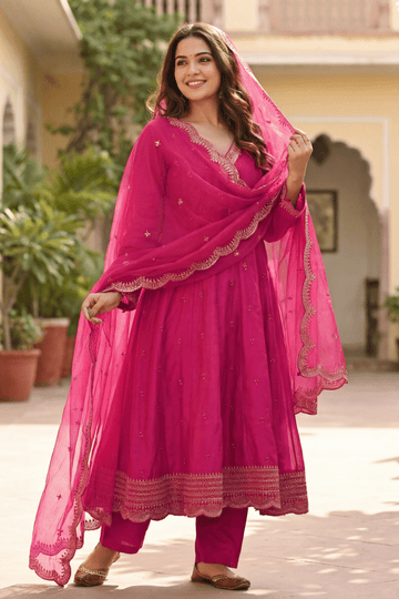 Rani Pink Indian Ethnic Wear Anarkali Set with Scalloped Dupatta - The House of Indu