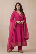 Rani Pink Indian Ethnic Wear Anarkali Set with Scalloped Dupatta - The House of Indu