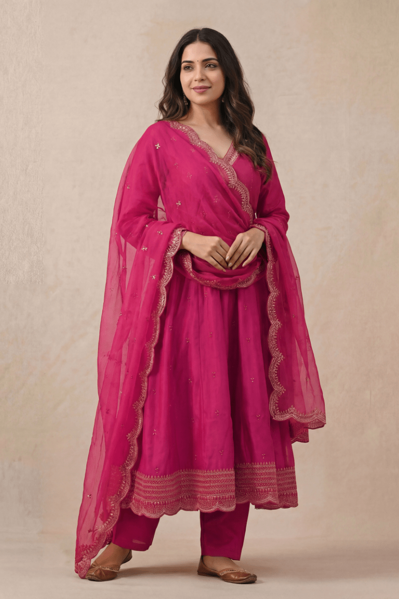 Rani Pink Indian Ethnic Wear Anarkali Set with Scalloped Dupatta - The House of Indu