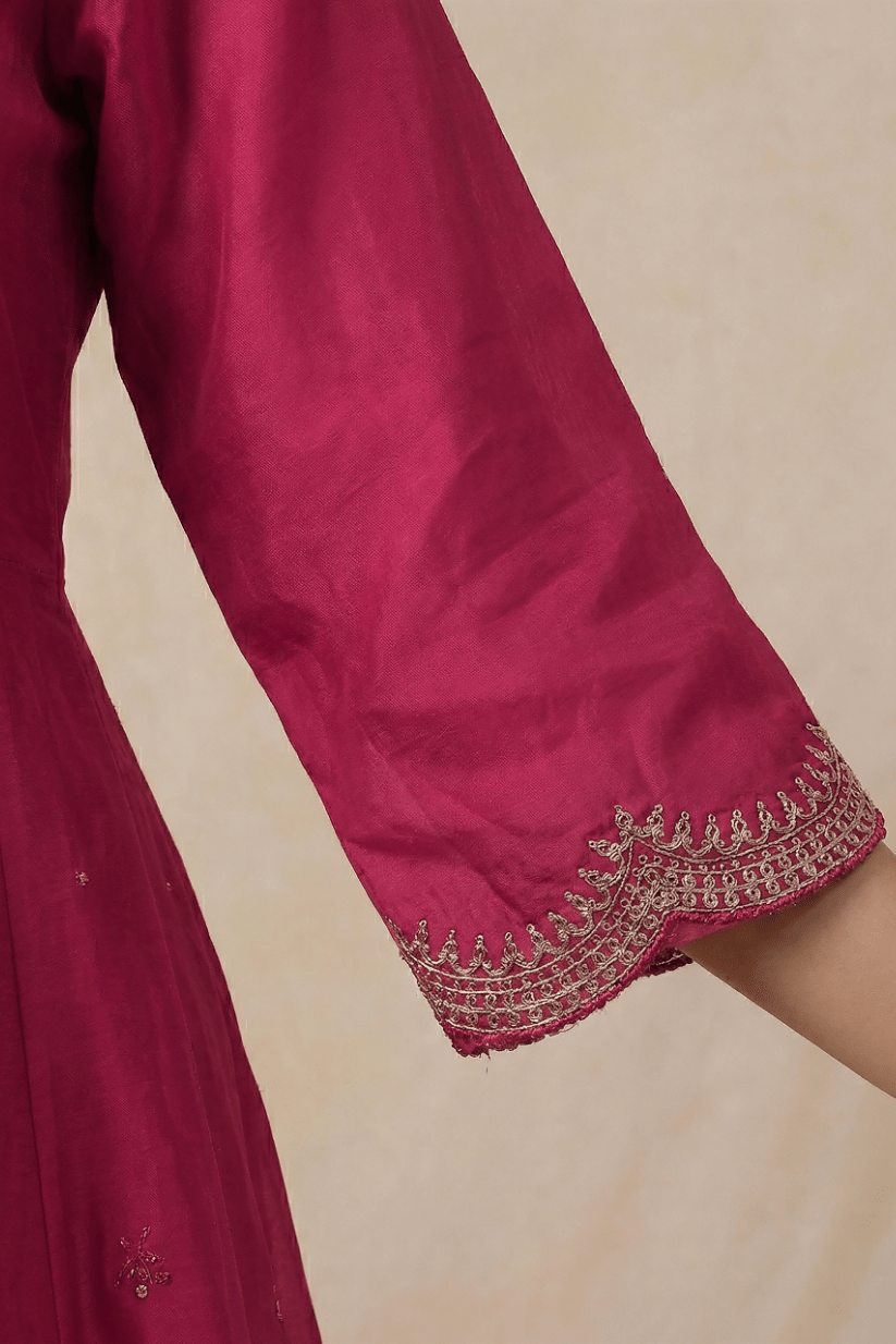 Rani Pink Indian Ethnic Wear Anarkali Set with Scalloped Dupatta - The House of Indu