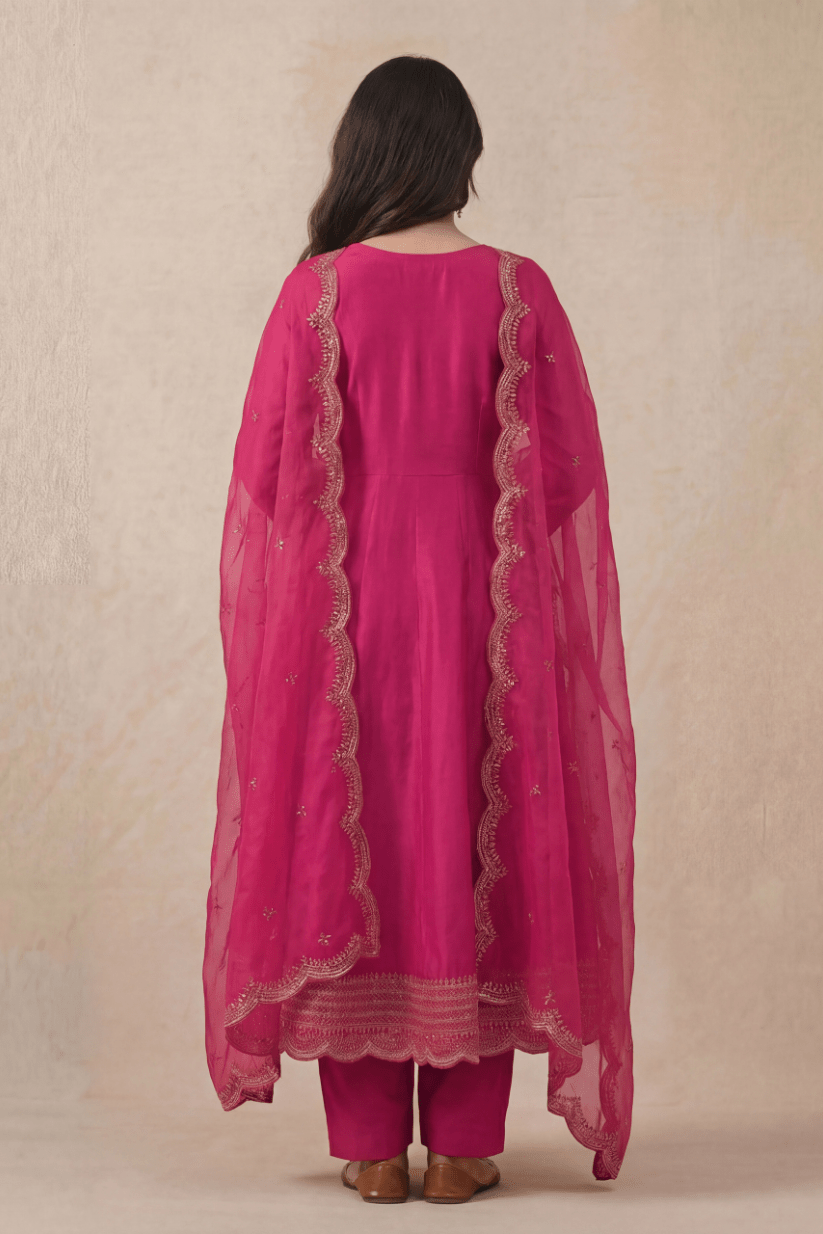 Rani Pink Indian Ethnic Wear Anarkali Set with Scalloped Dupatta - The House of Indu