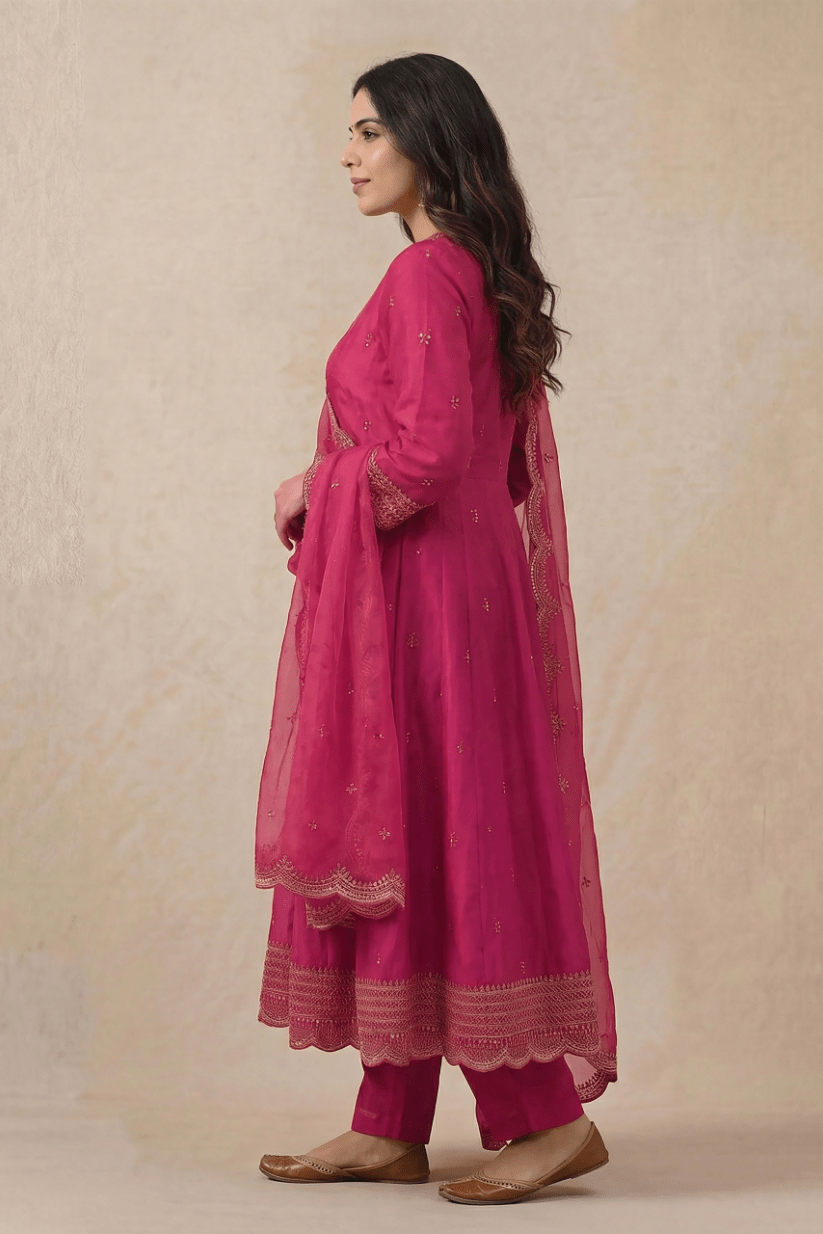 Rani Pink Indian Ethnic Wear Anarkali Set with Scalloped Dupatta - The House of Indu