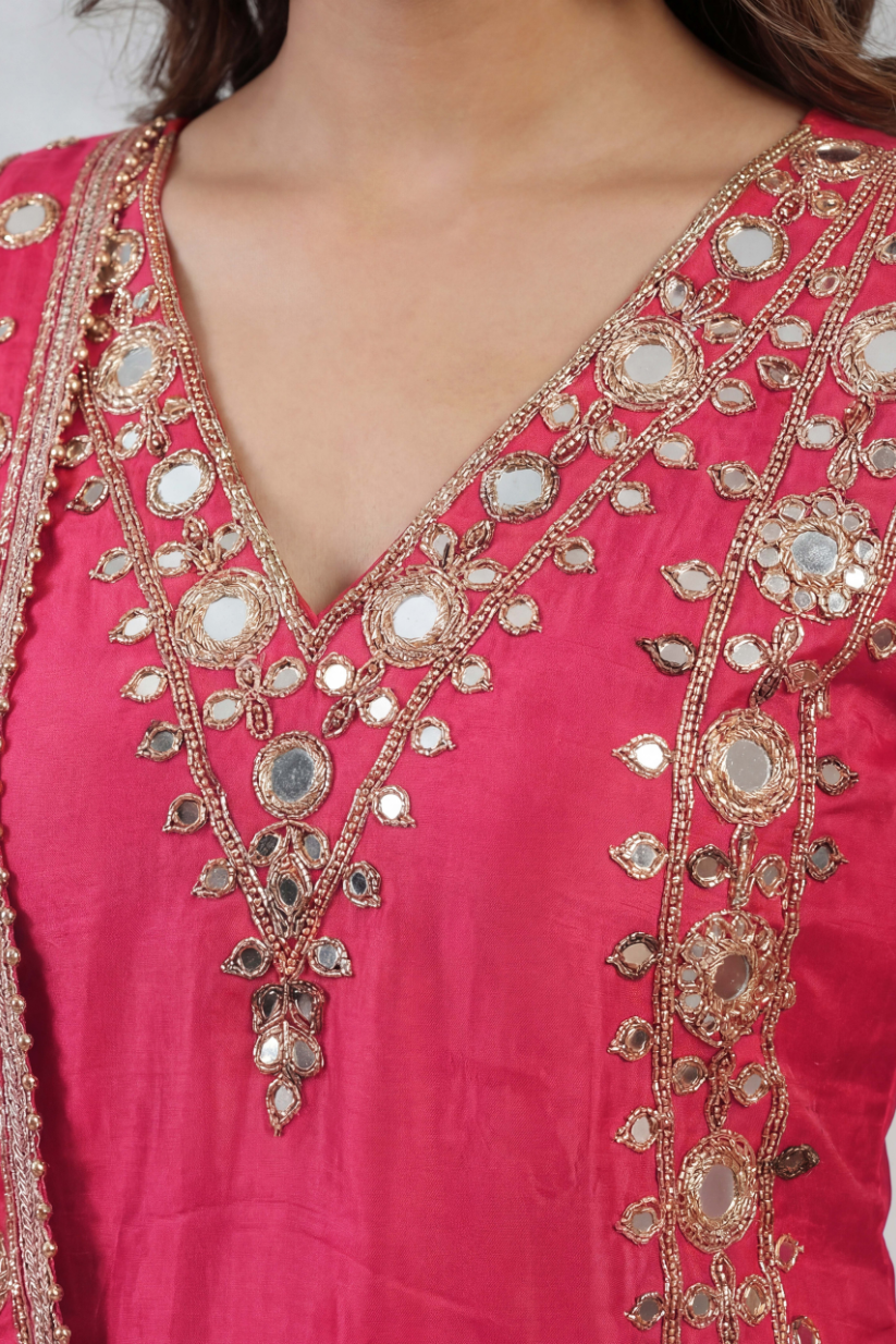 Women rani pink mirror work kurta sharara set with dupatta front view