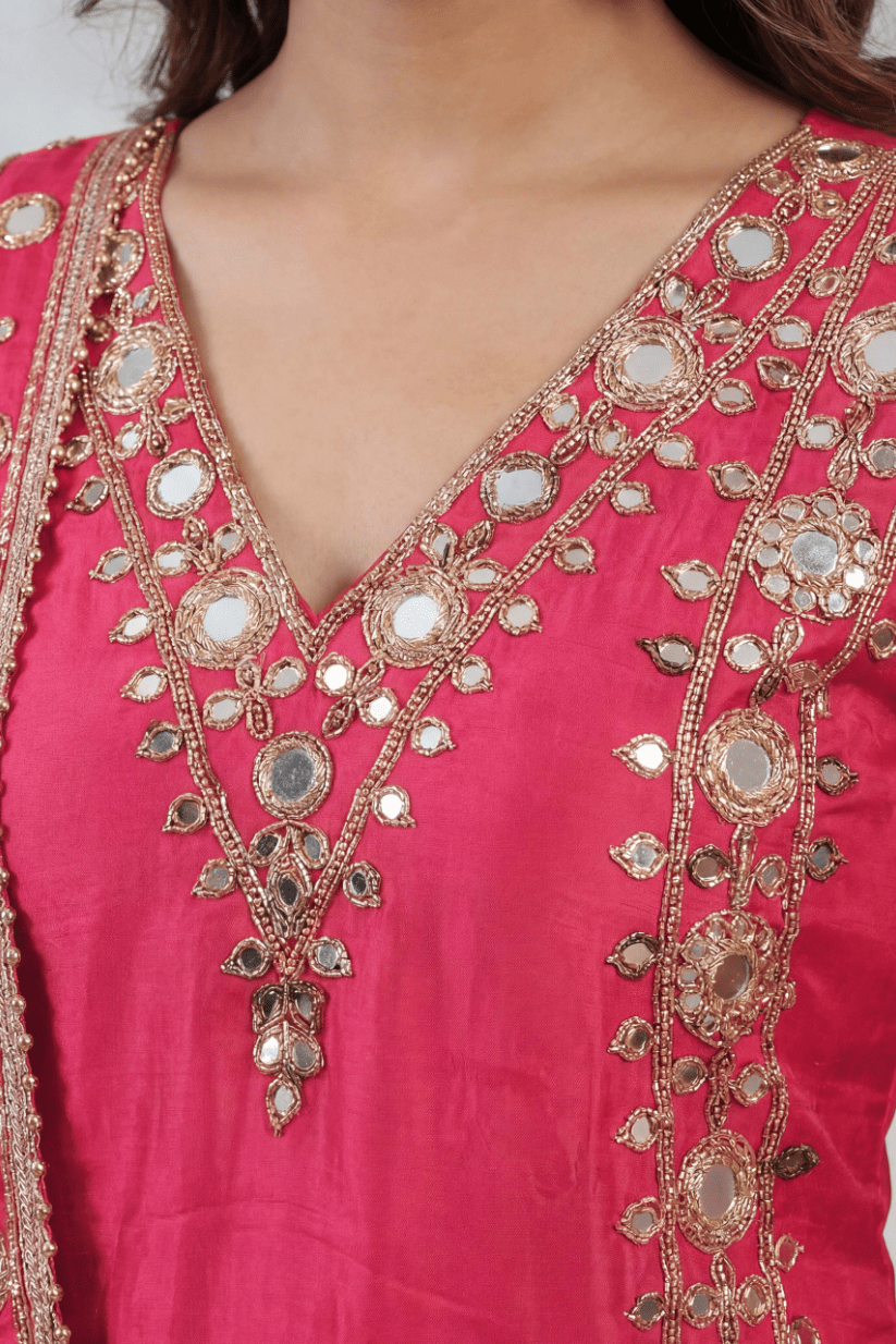 Rani Pink Mirror Work Kurta Sharara Set with Dupatta for Women - The House of Indu