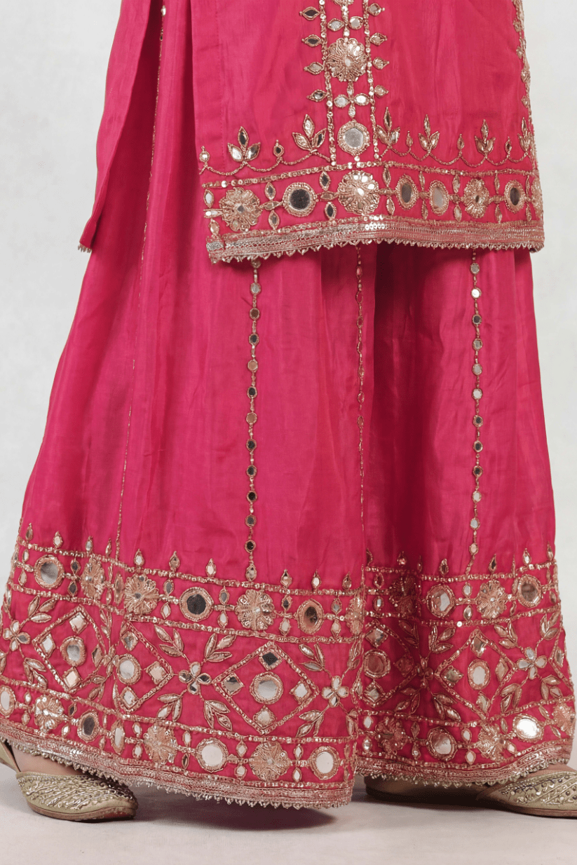 Rani Pink Mirror Work Kurta Sharara Set with Dupatta for Women - The House of Indu