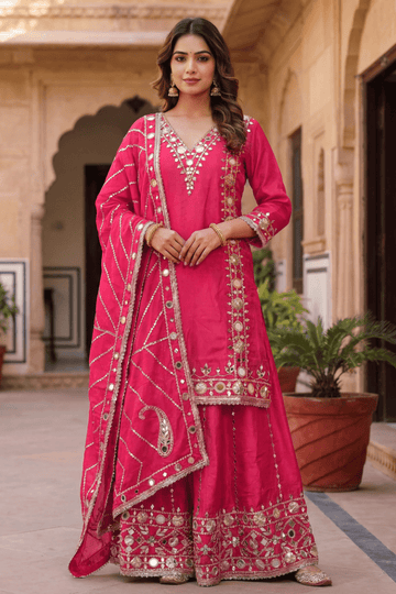 Rani Pink Mirror Work Kurta Sharara Set with Dupatta for Women - The House of Indu