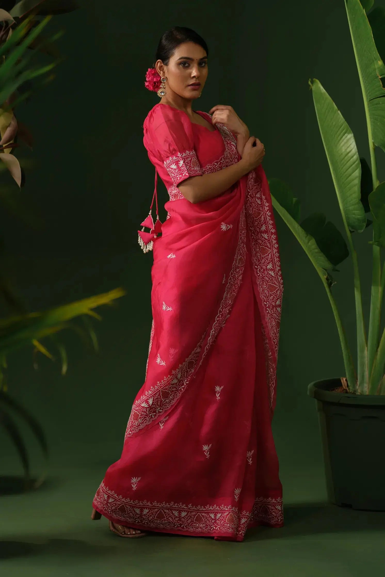 Rani pink organza chikankari saree with ready blouse front view