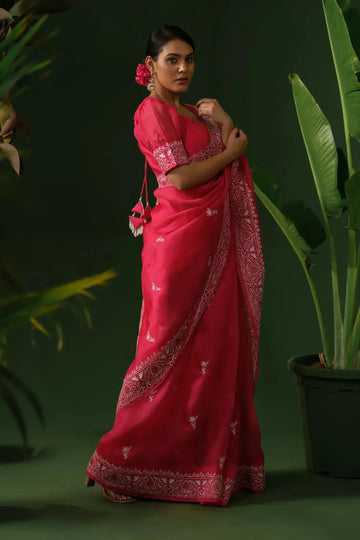 Rani pink organza chikankari saree with ready blouse front view