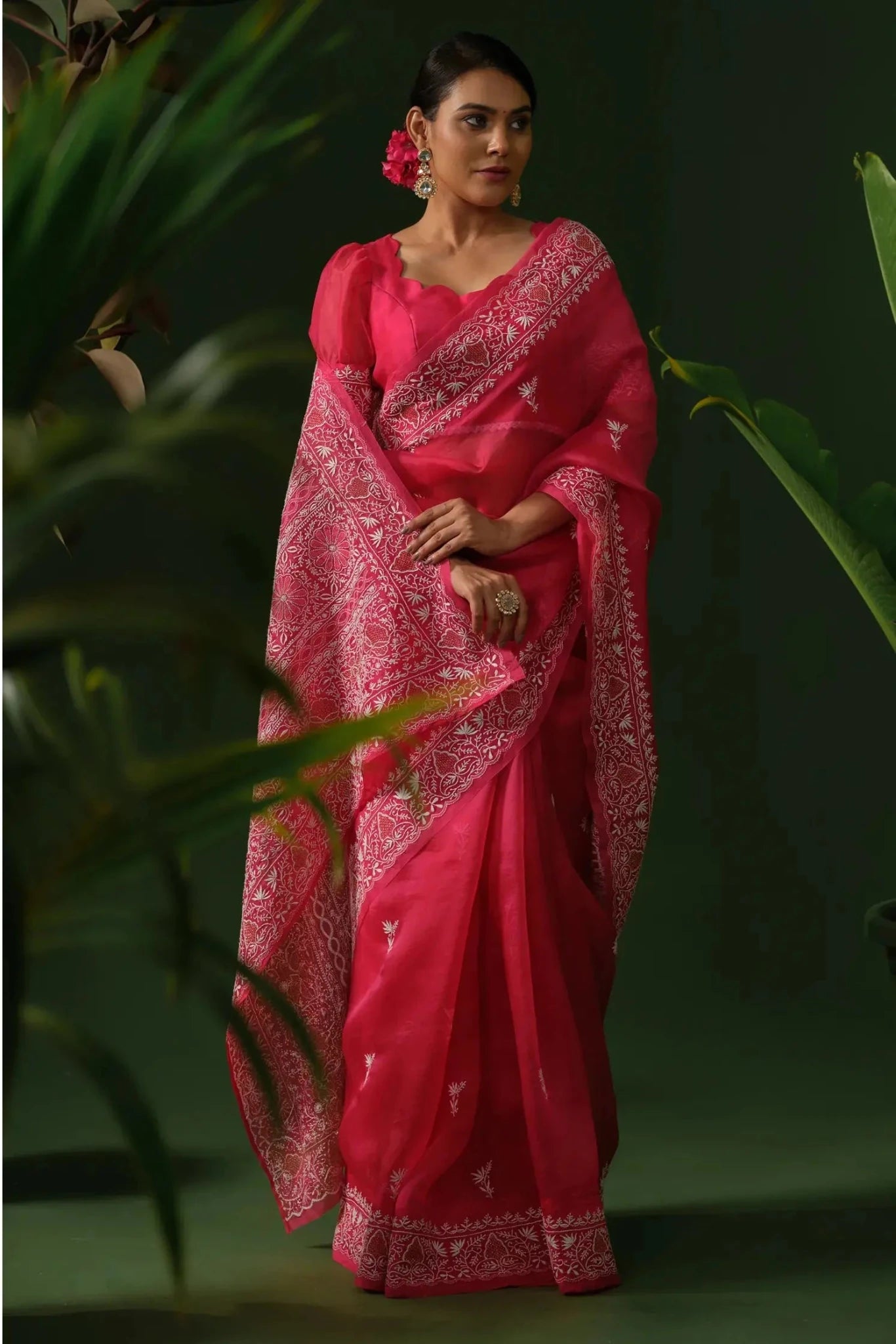 Rani Pink Organza Chikankari Saree with Ready Blouse - The House of Indu