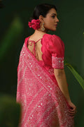 Rani Pink Organza Chikankari Saree with Ready Blouse - The House of Indu