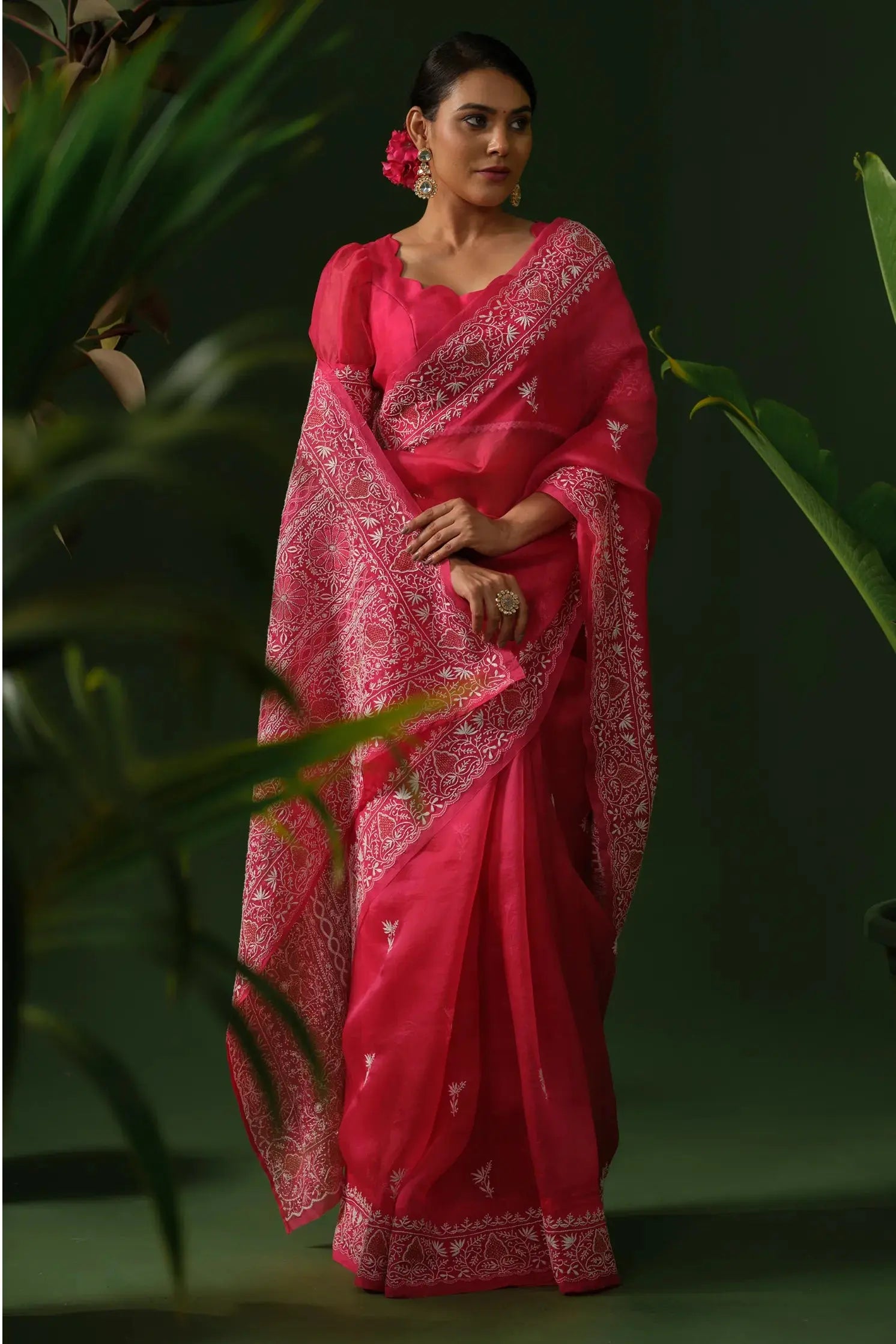 Rani pink party wear organza saree for festive occasions