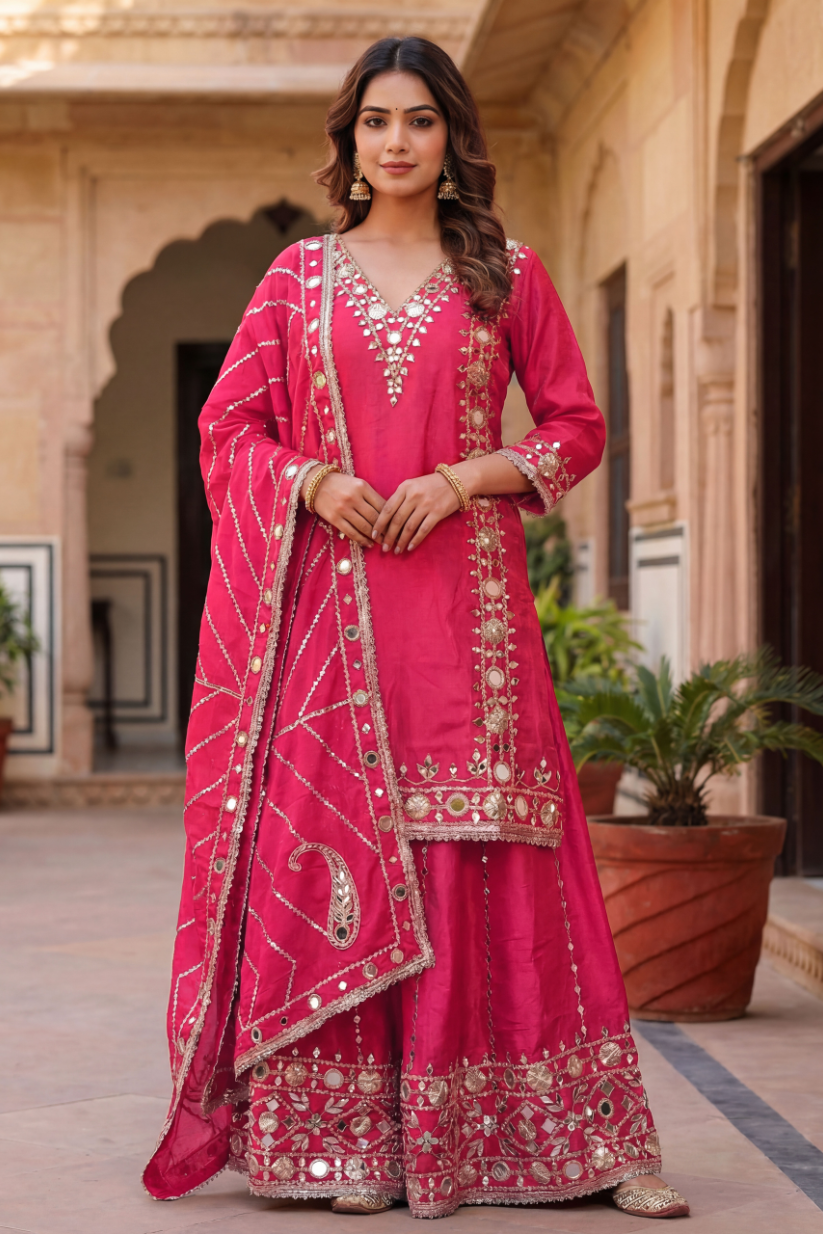Women rani pink mirror work kurta sharara set with dupatta front view