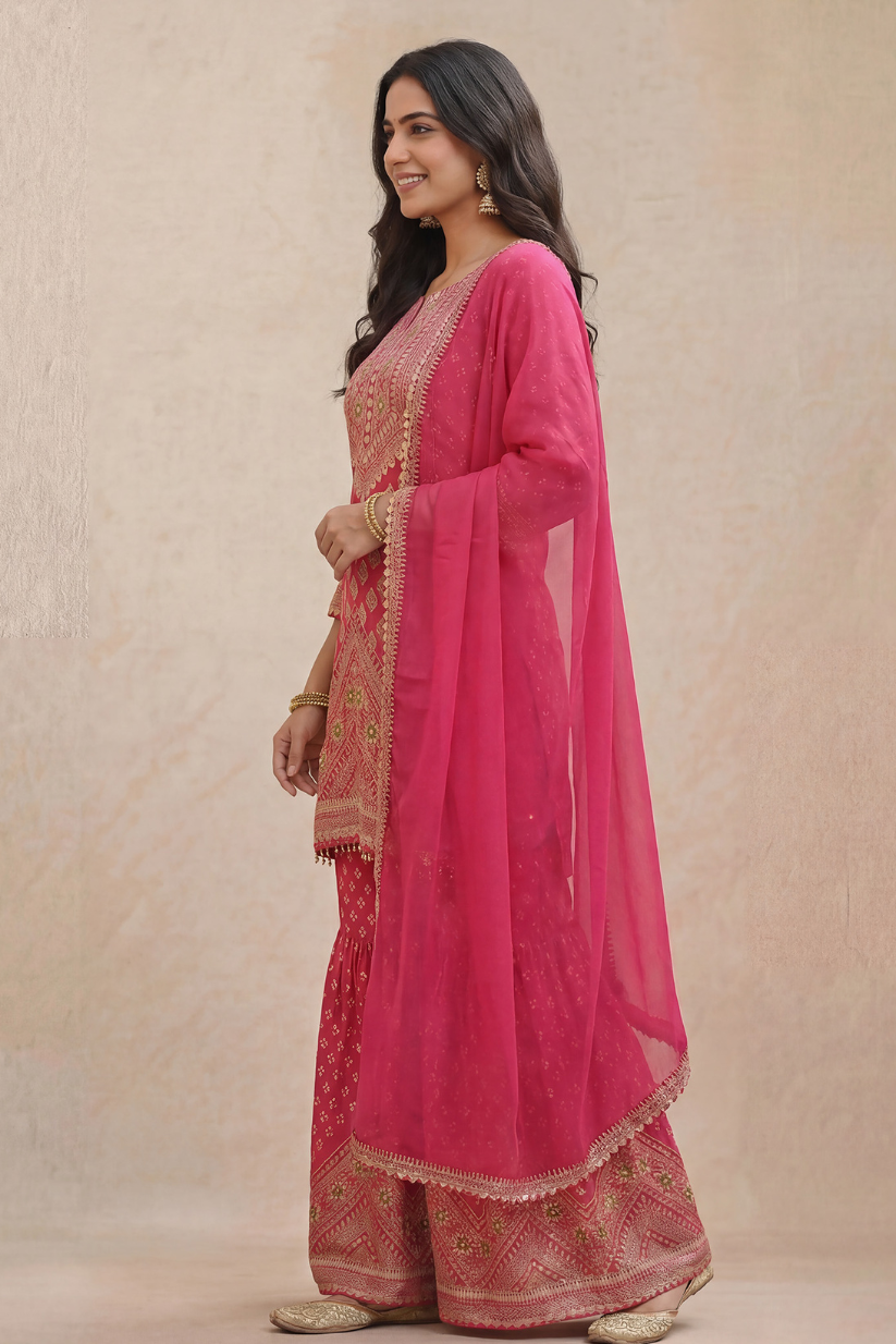 Side view of rani pink embroidered kurta set with sharara and dupatta for women