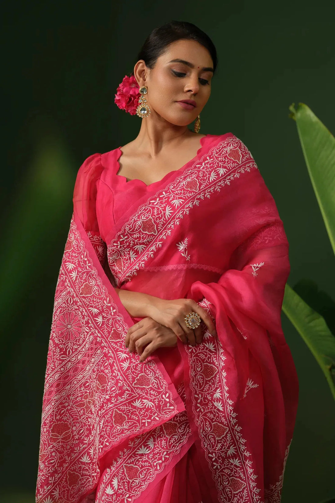 Rani pink organza chikankari saree with ready blouse front view