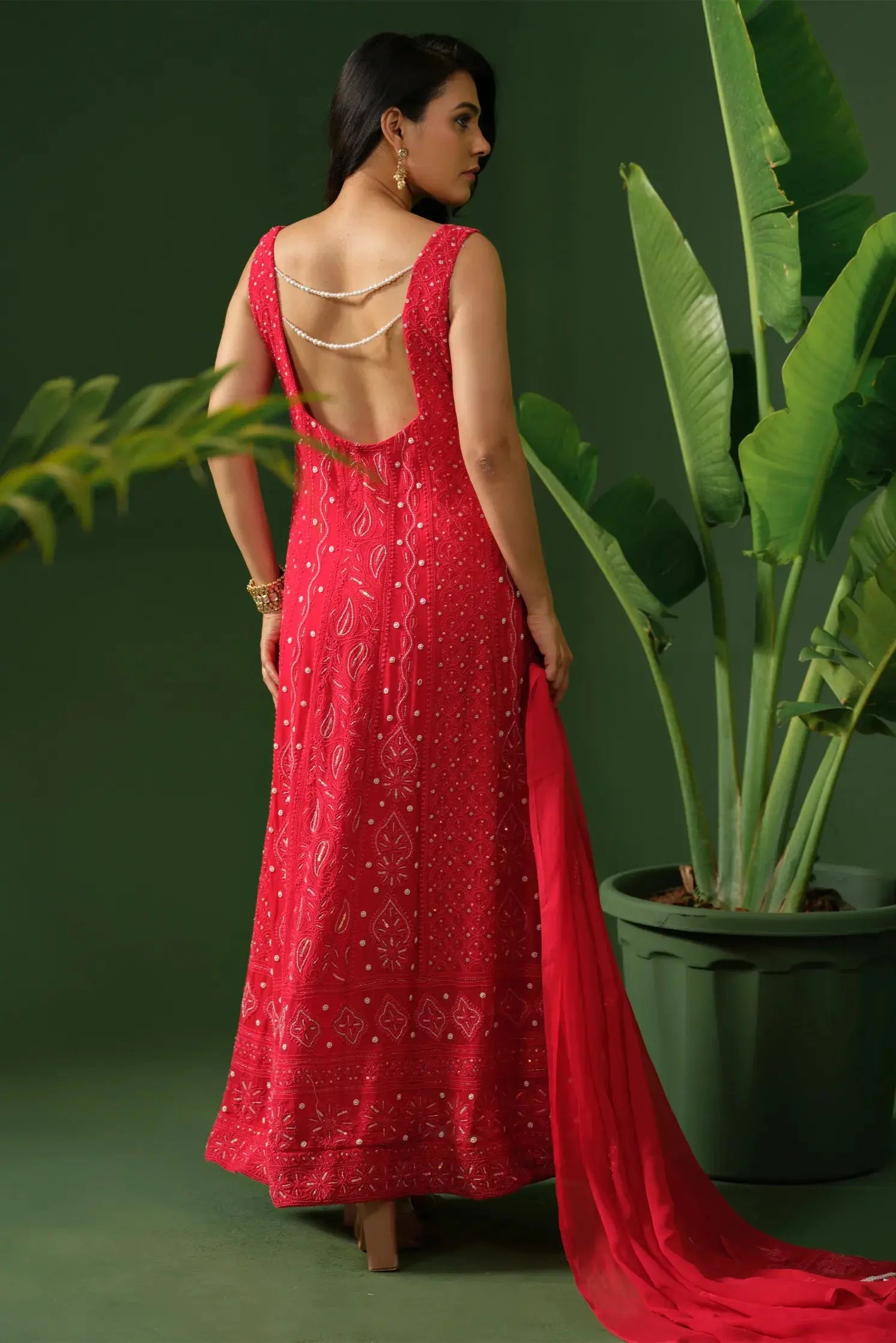 Back view of red georgette Anarkali suit for women