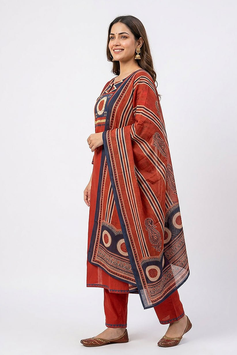 Red Cotton Kurta Pant Set with Printed Dupatta for Women - The House of Indu