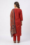 Red Cotton Kurta Pant Set with Printed Dupatta for Women - The House of Indu