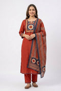 Red Cotton Kurta Pant Set with Printed Dupatta for Women - The House of Indu