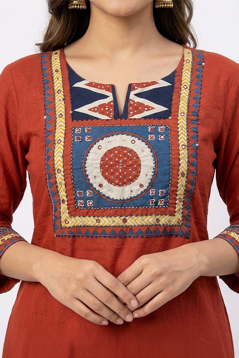 Red Cotton Kurta Pant Set with Printed Dupatta for Women - The House of Indu