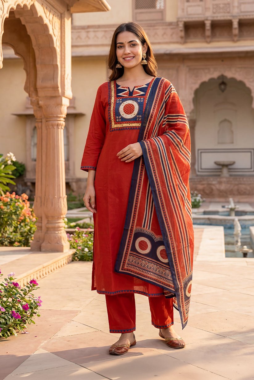 Red Cotton Kurta Pant Set with Printed Dupatta for Women - The House of Indu