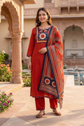 Red Cotton Kurta Pant Set with Printed Dupatta for Women - The House of Indu