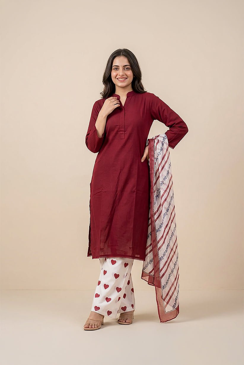 Red Cotton Suit Set for Women with Dupatta - The House of Indu