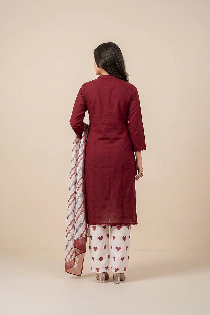 Red Cotton Suit Set for Women with Dupatta - The House of Indu