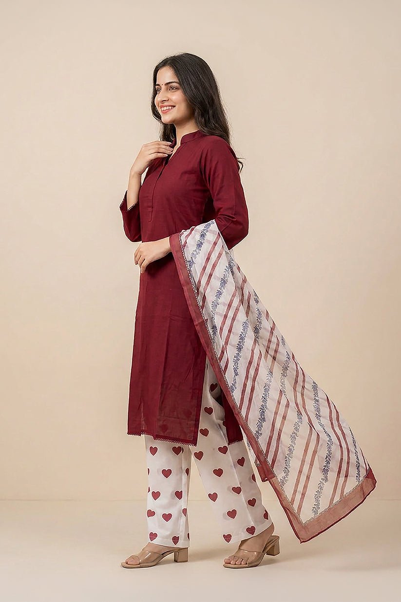 Red Cotton Suit Set for Women with Dupatta - The House of Indu