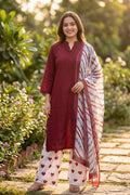 Red Cotton Suit Set for Women with Dupatta - The House of Indu