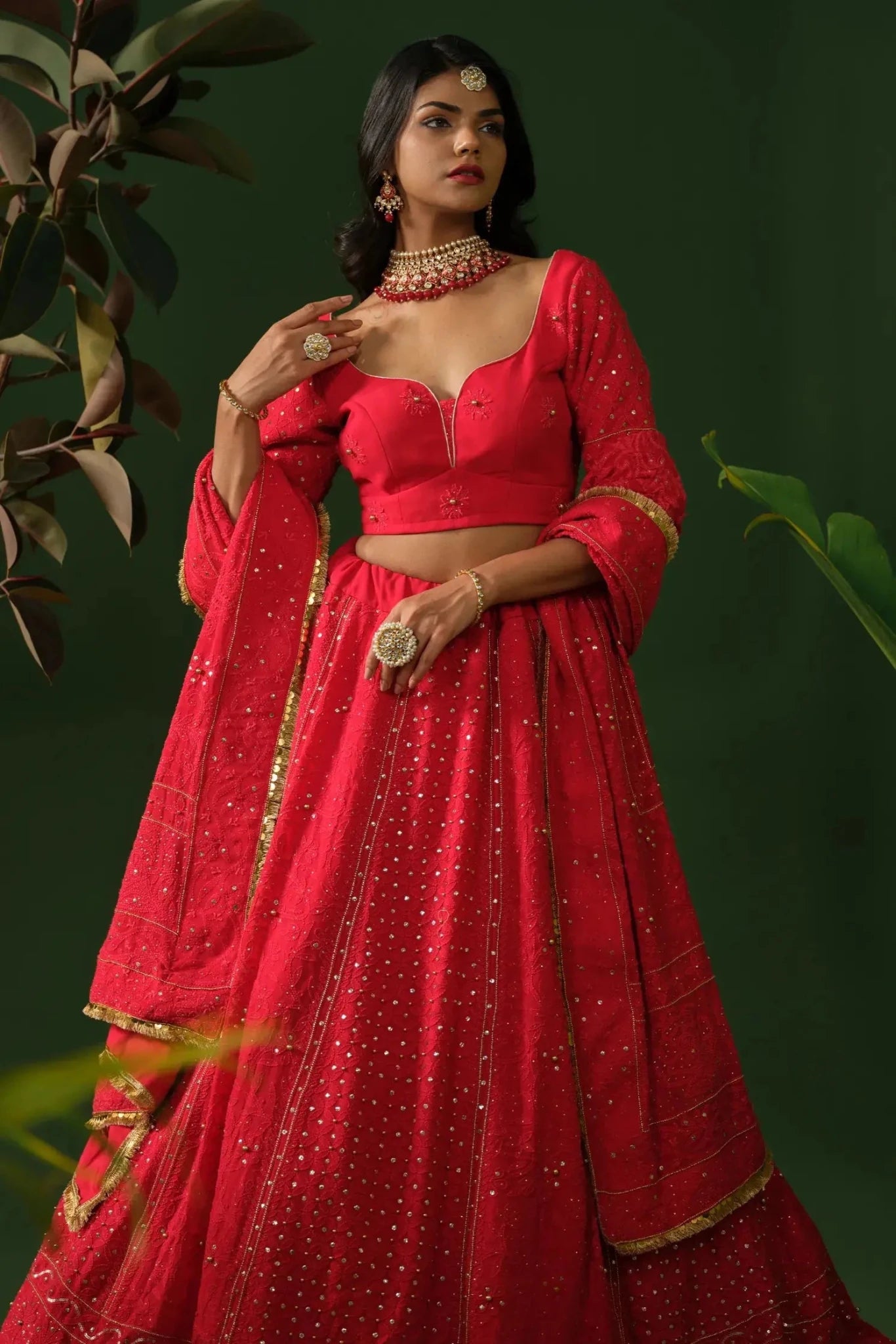 Red Designer Chikankari Lehenga for Women - The House of Indu