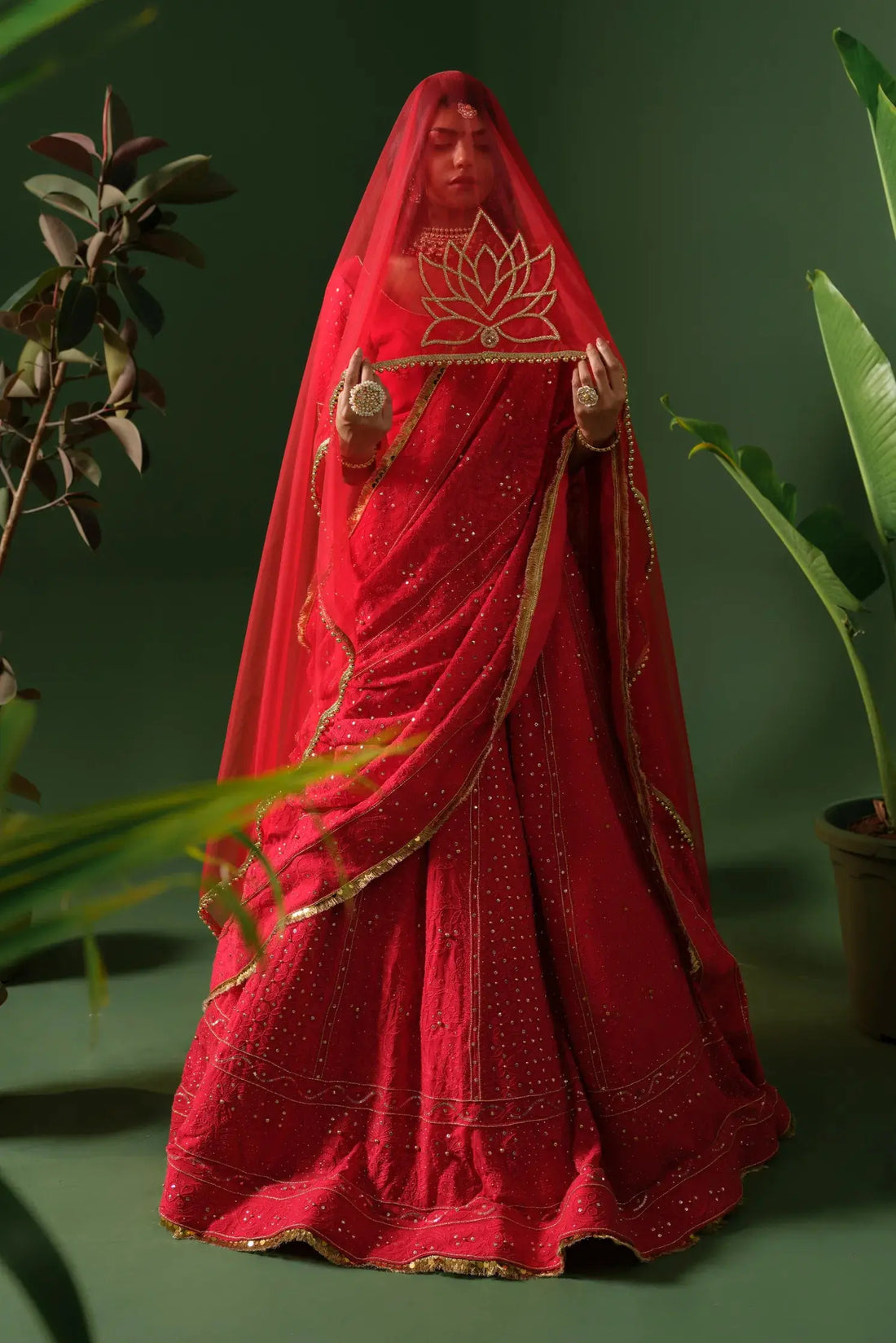 Red designer chikankari lehenga for women front view