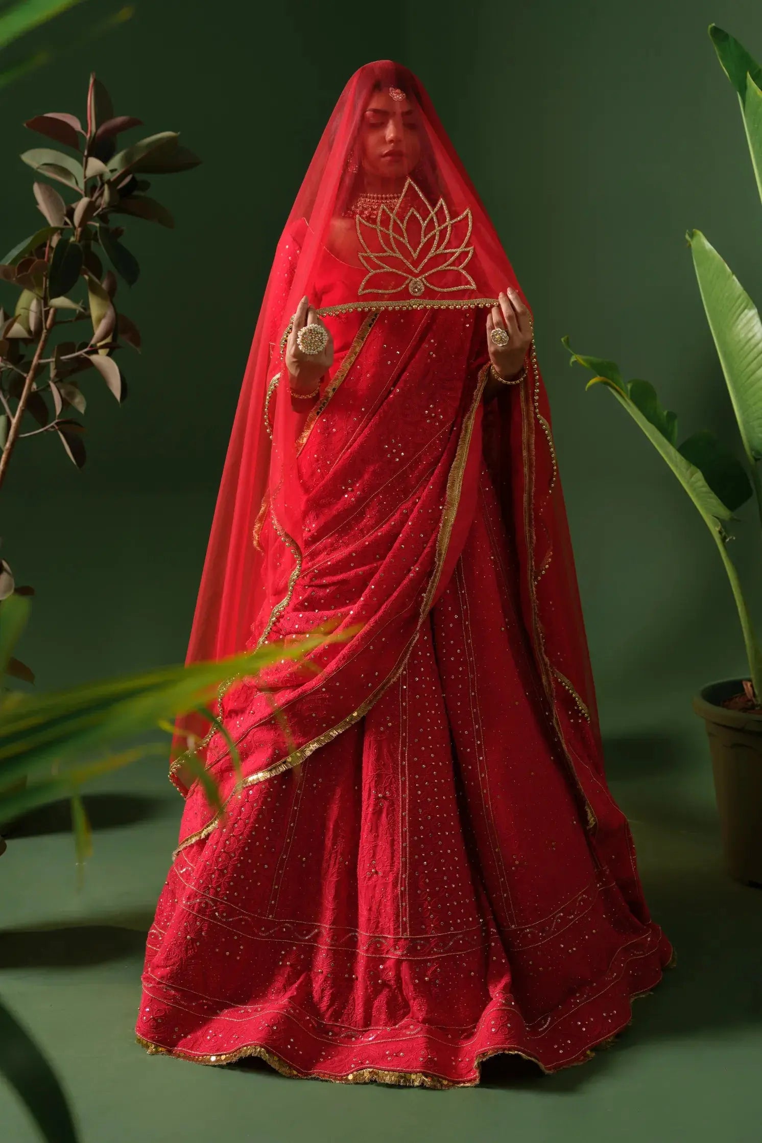 Red designer chikankari lehenga for women front view