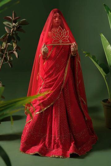 Red designer chikankari lehenga for women front view