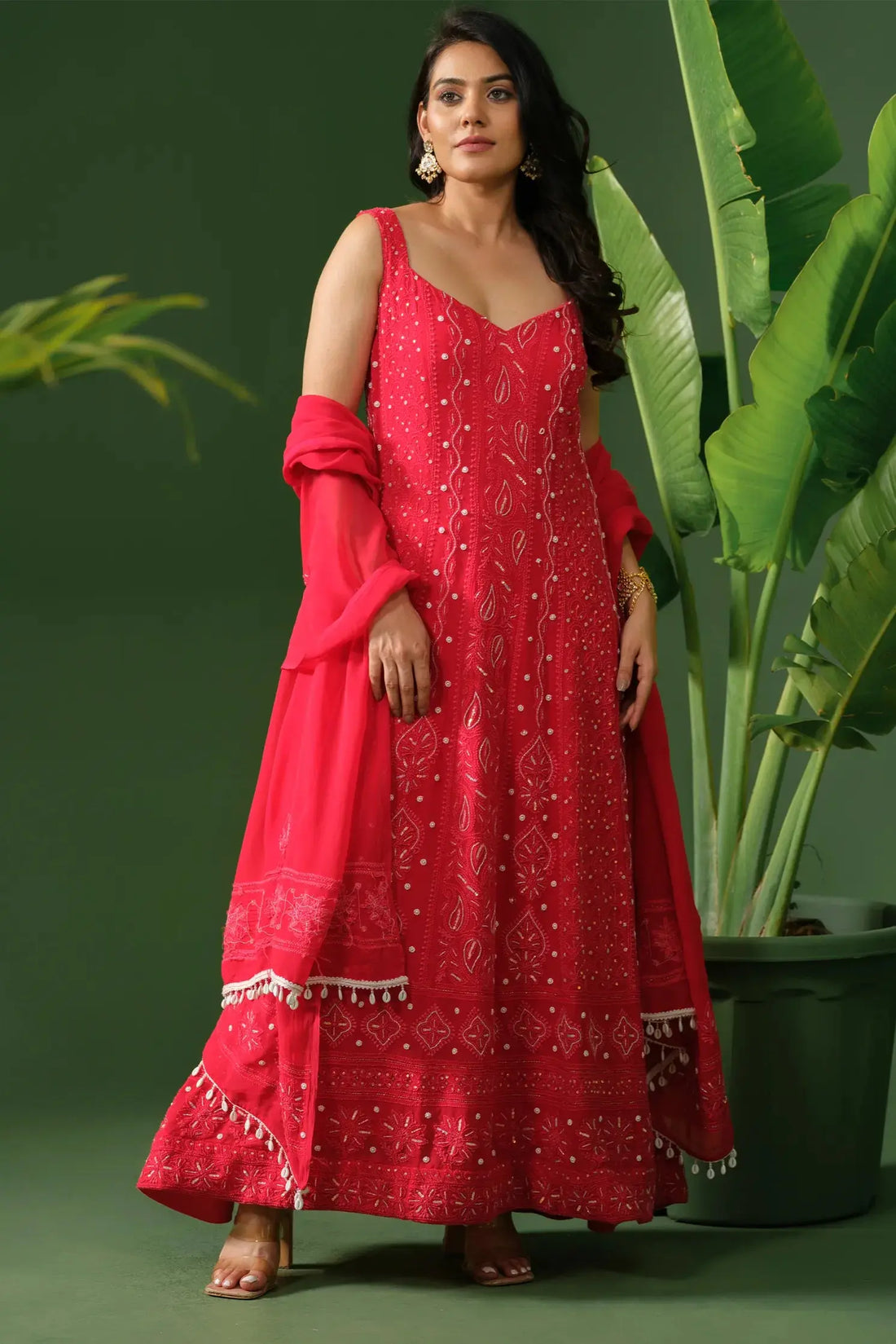Red georgette chikankari Anarkali suit with dupatta front view