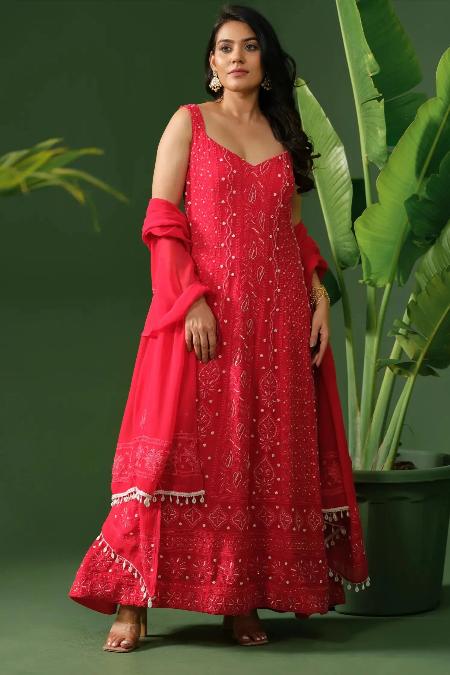 Red georgette chikankari Anarkali suit with dupatta front view