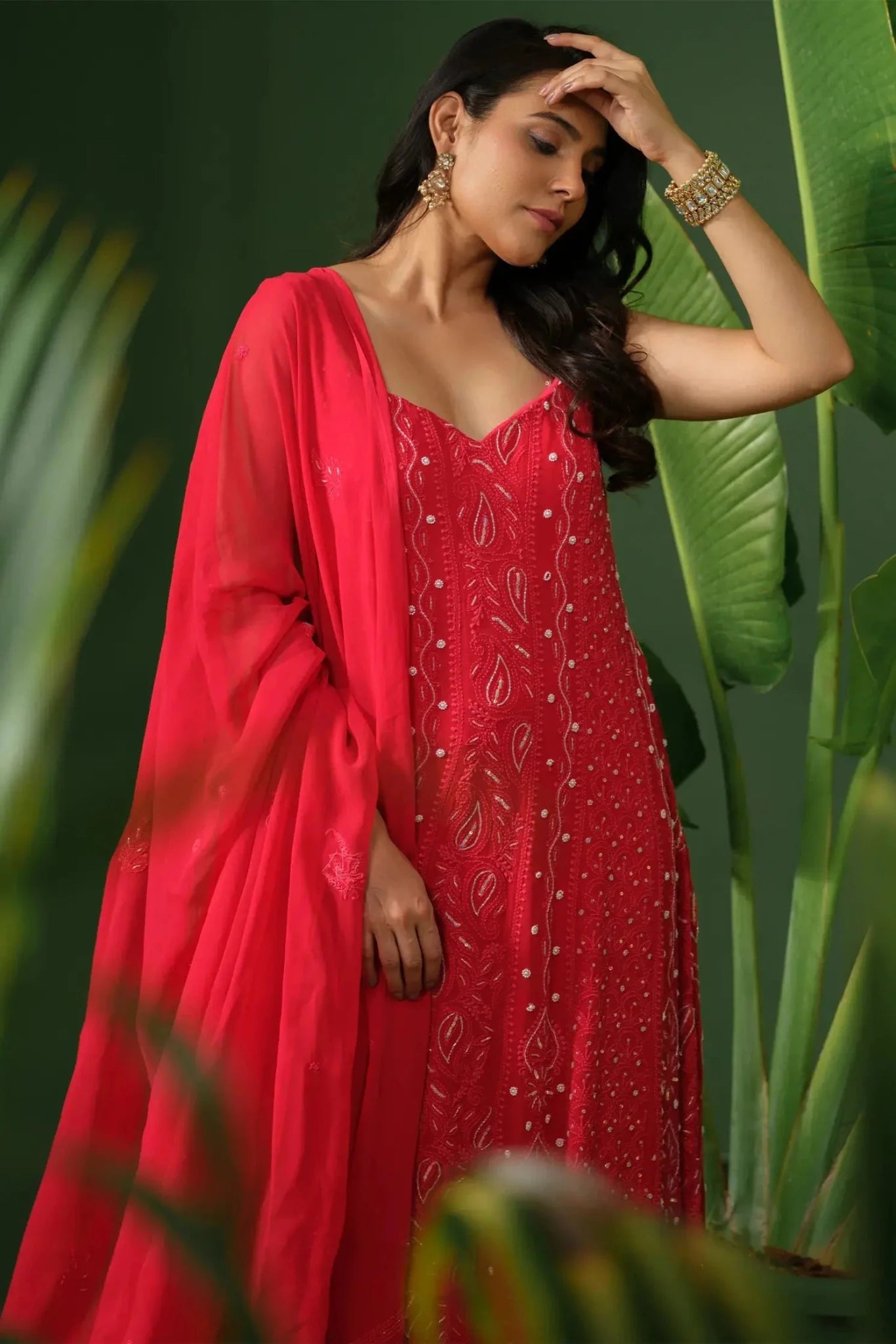 Red Georgette Chikankari Anarkali Suit with Dupatta - The House of Indu