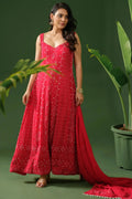 Red Georgette Chikankari Anarkali Suit with Dupatta - The House of Indu