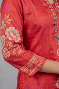 Detailed floral print and sleeve design on red ethnic kurta for women