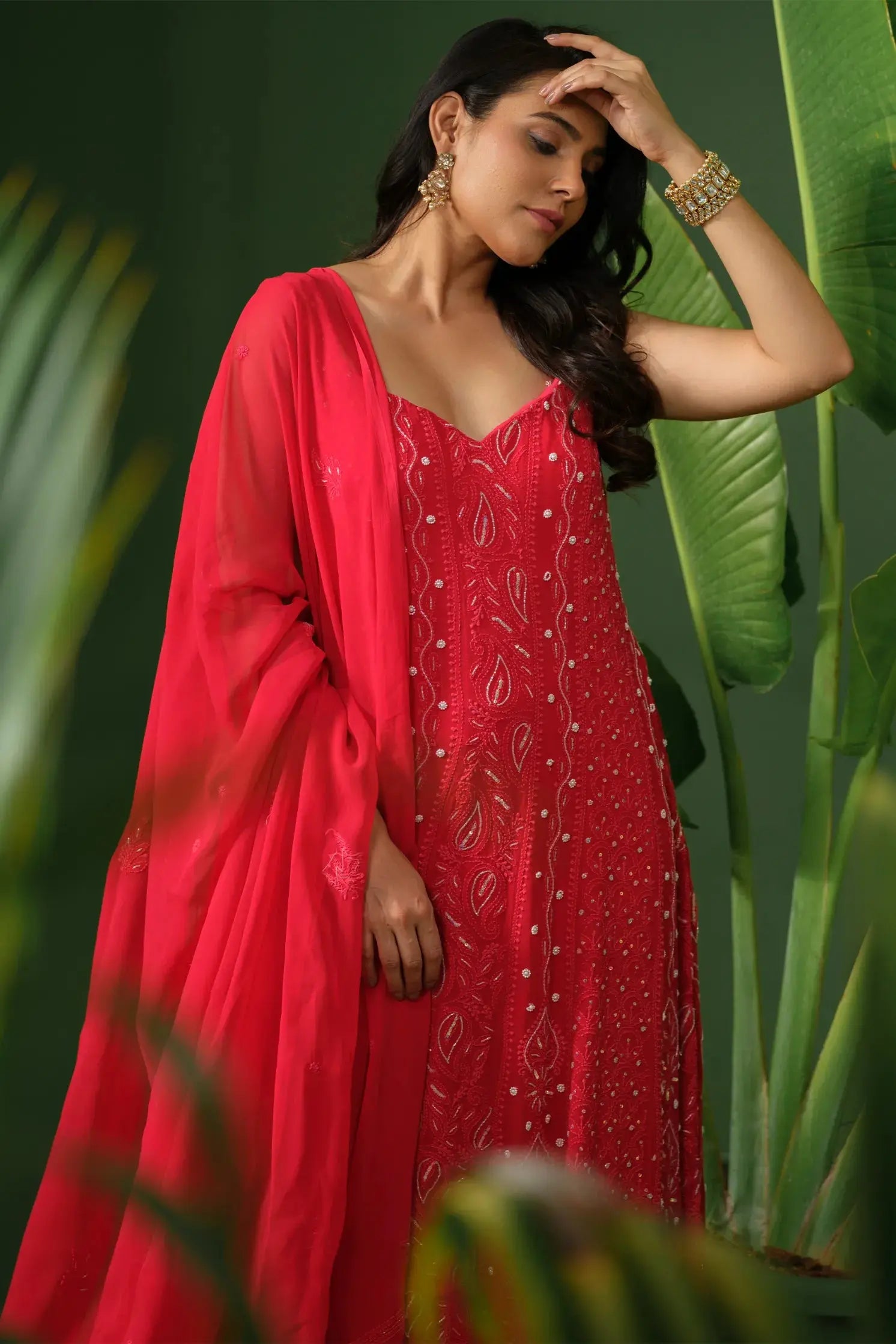 Red party wear Anarkali suit with matching dupatta