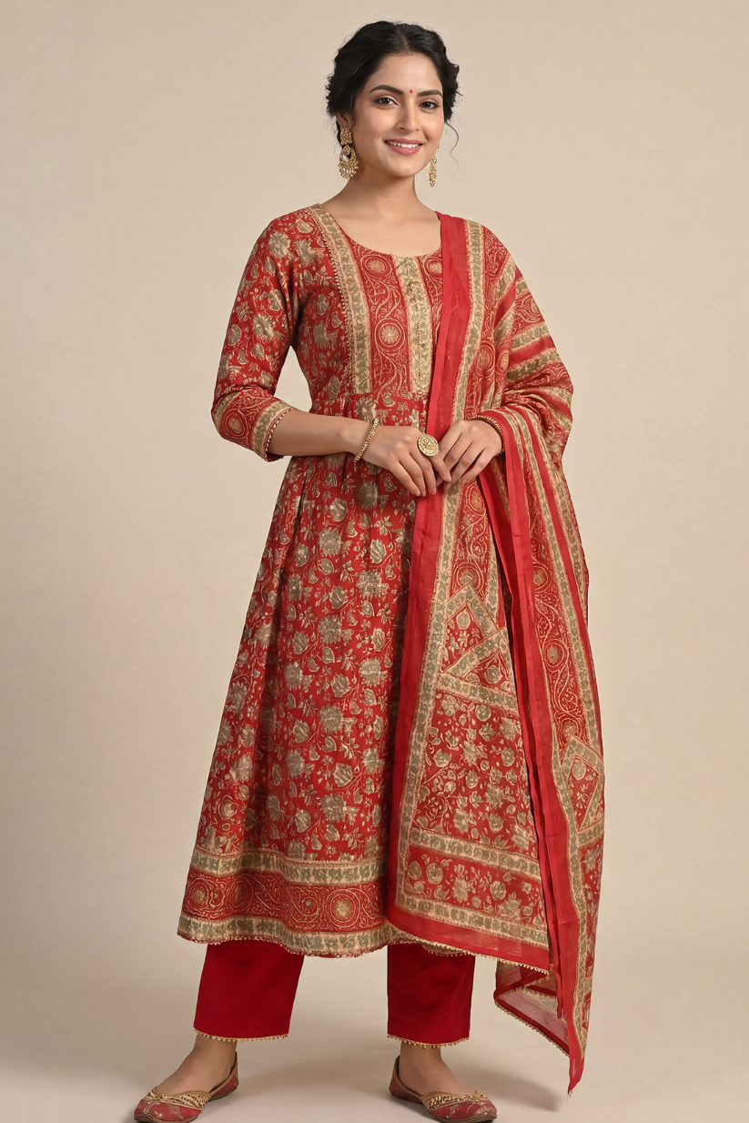 Full look of red printed Anarkali kurta set with dupatta and pants featuring traditional Indian floral motifs, festive ethnic wear styling, and elegant embroidered border detailing for women