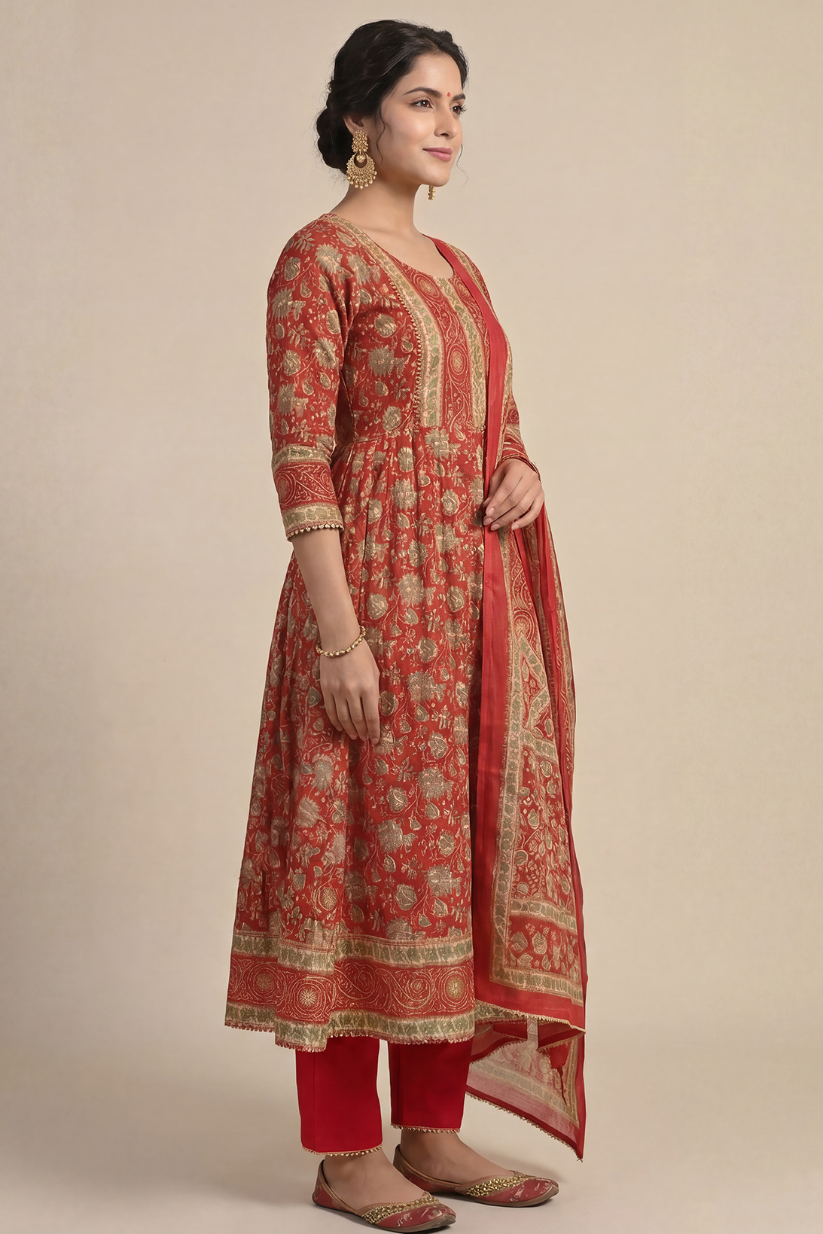 Side view of woman wearing red printed Anarkali kurta set with matching dupatta and straight pants for festive traditional ethnic wear