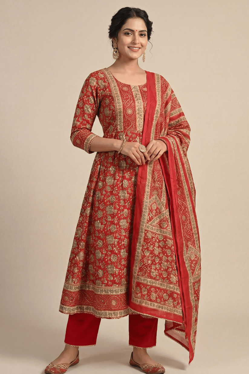 Red Printed Anarkali Kurta Set with Dupatta - The House of Indu