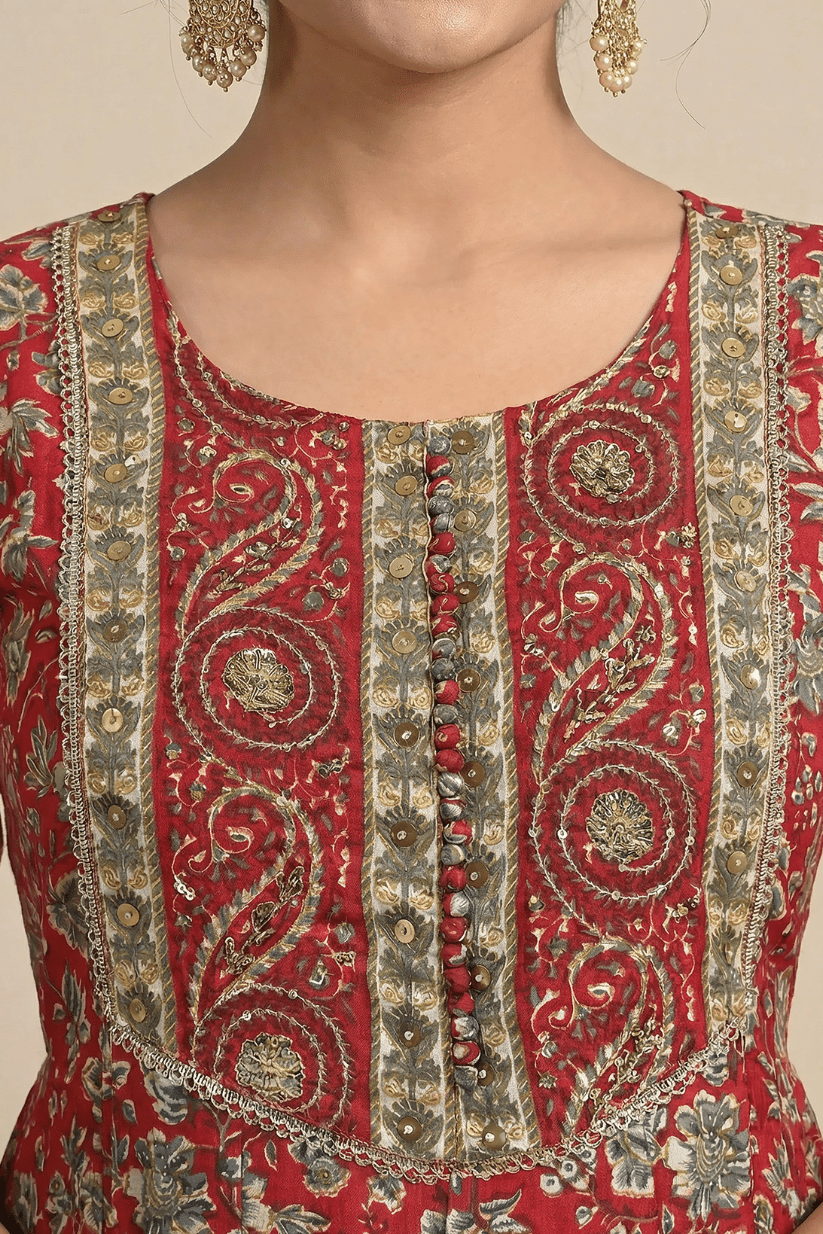 Red Printed Anarkali Kurta Set with Dupatta - The House of Indu