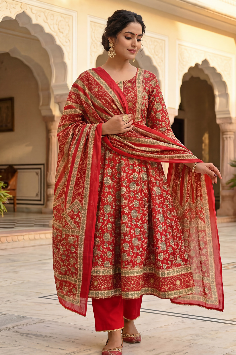 Woman wearing red printed Anarkali kurta set with matching dupatta and pants for festive wedding ethnic wear featuring traditional floral prints and embroidered detailing