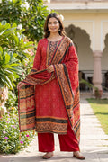 Red Printed Cotton Kurta Pant Set with Ethnic Dupatta for Women - The House of Indu