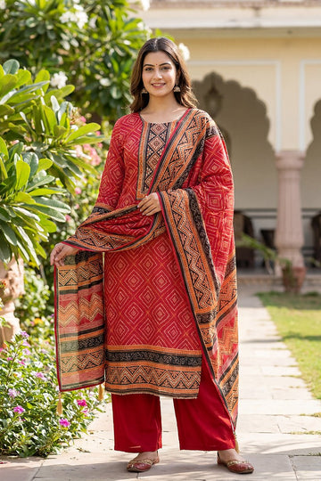 Red Printed Cotton Kurta Pant Set with Ethnic Dupatta for Women - The House of Indu