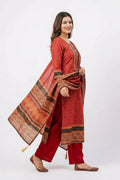Red Printed Cotton Kurta Pant Set with Ethnic Dupatta for Women - The House of Indu