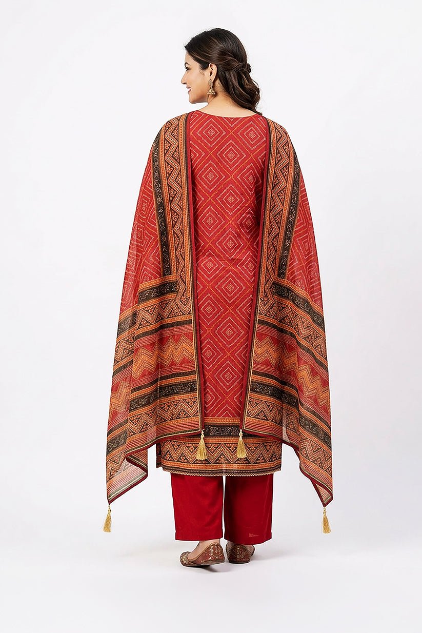 Red Printed Cotton Kurta Pant Set with Ethnic Dupatta for Women - The House of Indu