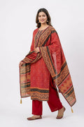 Red Printed Cotton Kurta Pant Set with Ethnic Dupatta for Women - The House of Indu