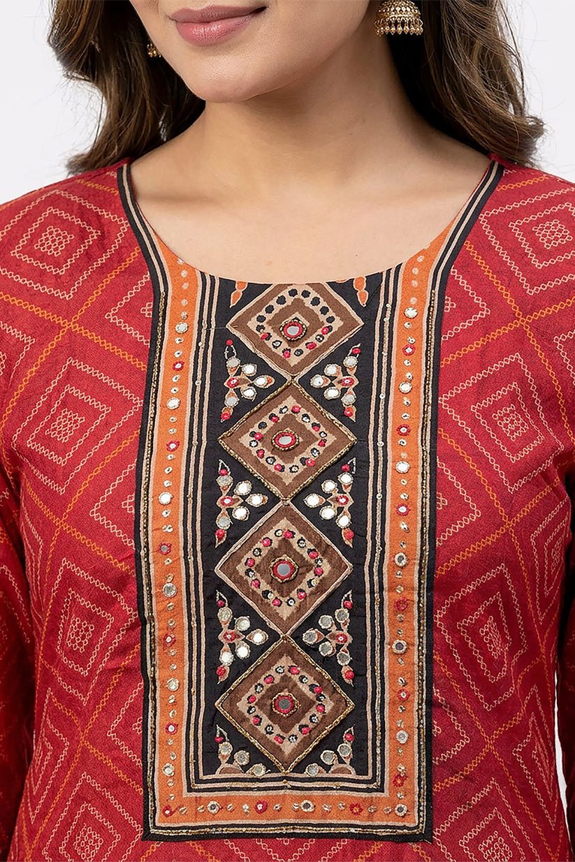 Red Printed Cotton Kurta Pant Set with Ethnic Dupatta for Women - The House of Indu